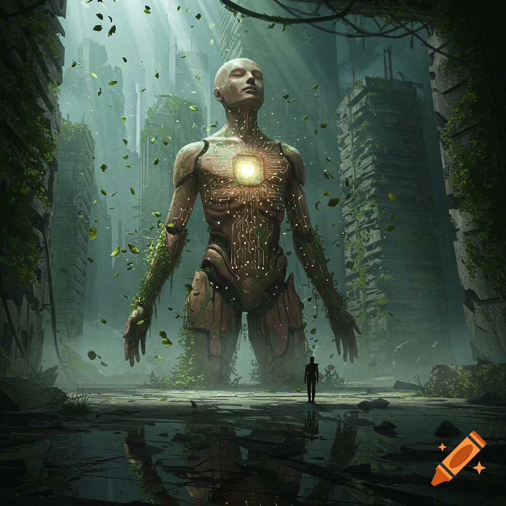 Colossal circuit-patterned robot in a ruined, overgrown city with a small human figure. Sci-fi, post-apocalyptic art.