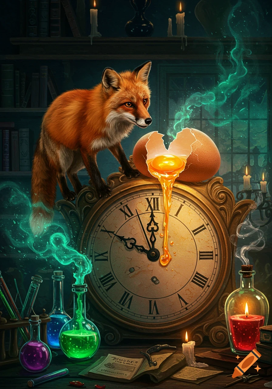 A red fox stands on an ornate gold clock with a cracked egg dripping yolk, surrounded by glowing alchemy flasks and candles in a dark room.