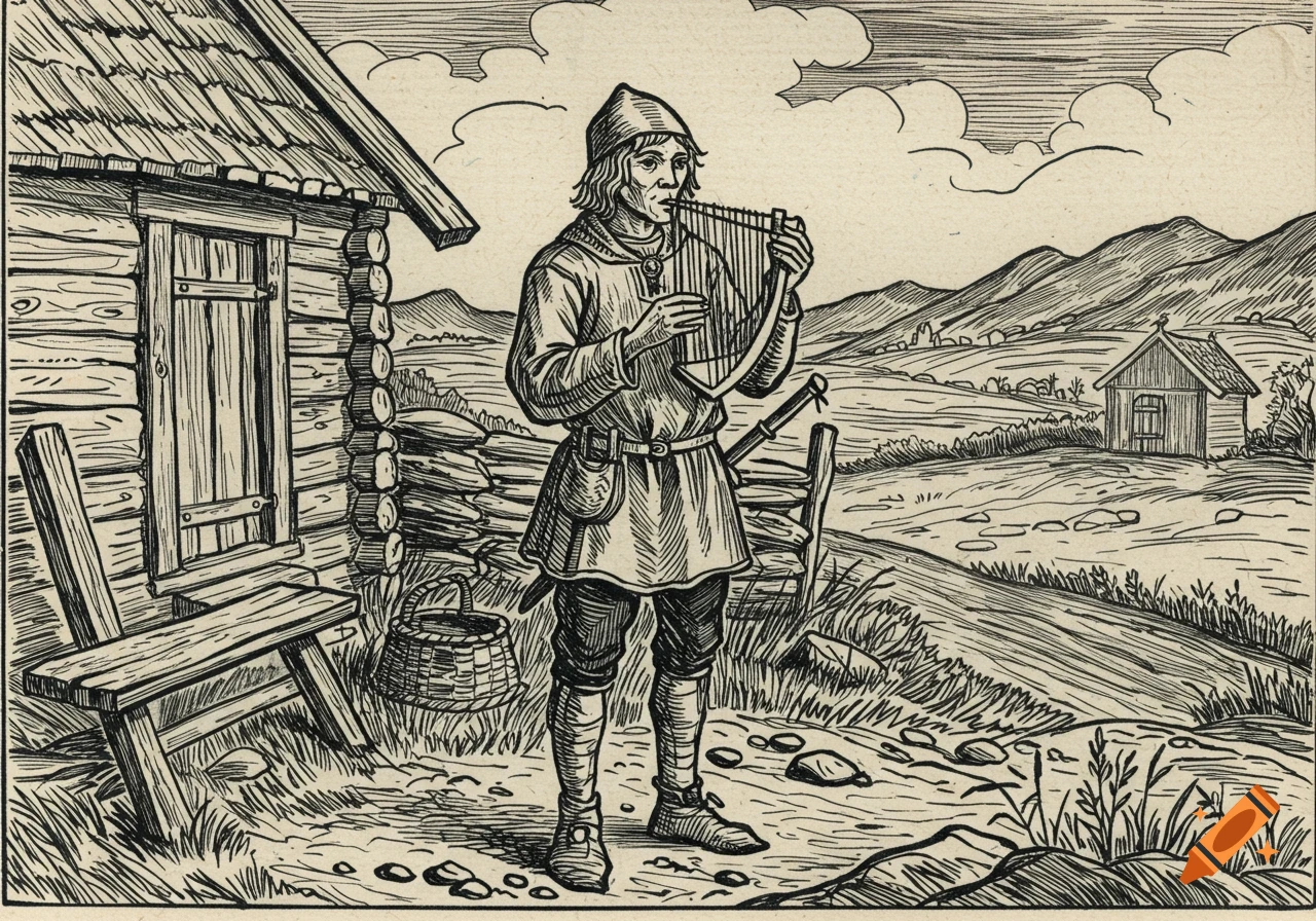 A black and white woodcut-style illustration of a medieval man playing a lyre outside a wooden hut in a rural landscape.