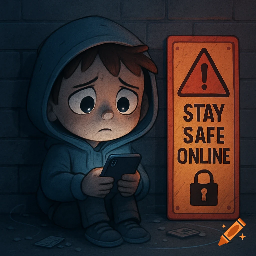 A sad cartoon boy in a blue hoodie sits against a brick wall, looking at his phone, next to a "STAY SAFE ONLINE" warning sign.