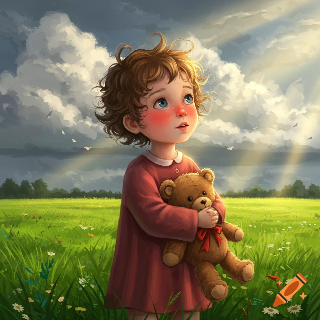 A curly-haired child with rosy cheeks holds a teddy bear in a green field, looking up at a sky with both sun rays and stormy clouds.