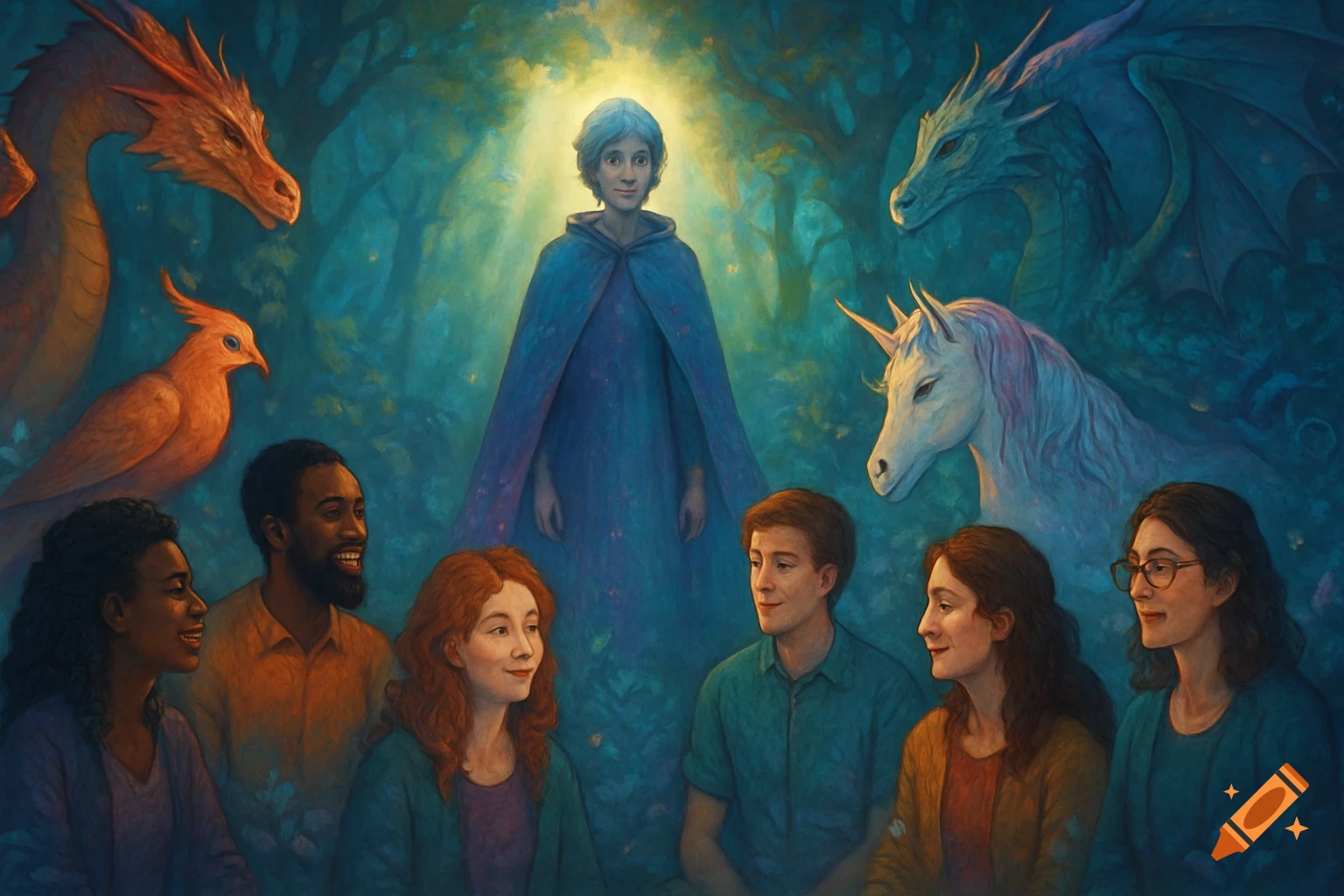 A group of diverse people and mystical creatures like dragons, a unicorn, and a phoenix, gather around a central glowing figure in a dreamy, painterly forest.