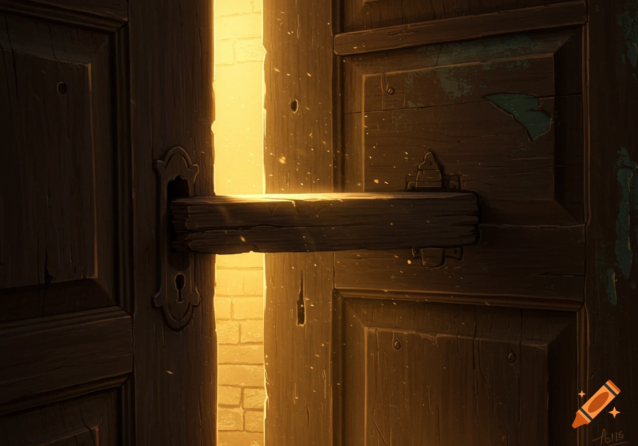 A rustic wooden door with a bright golden light spilling from the crack, blocked by a wooden plank, in a digital art style.