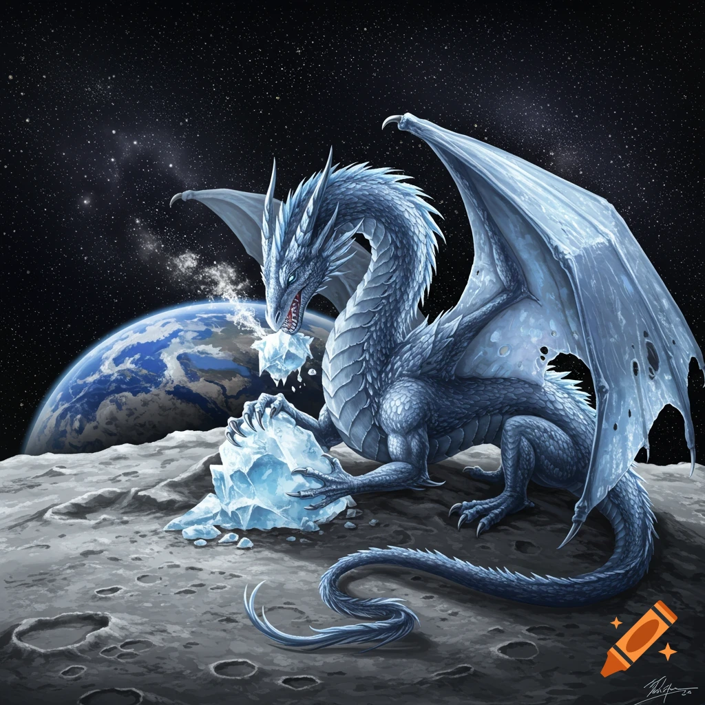 A majestic ice dragon with large wings eating chunks of ice on the moon, with Earth and stars in the background.