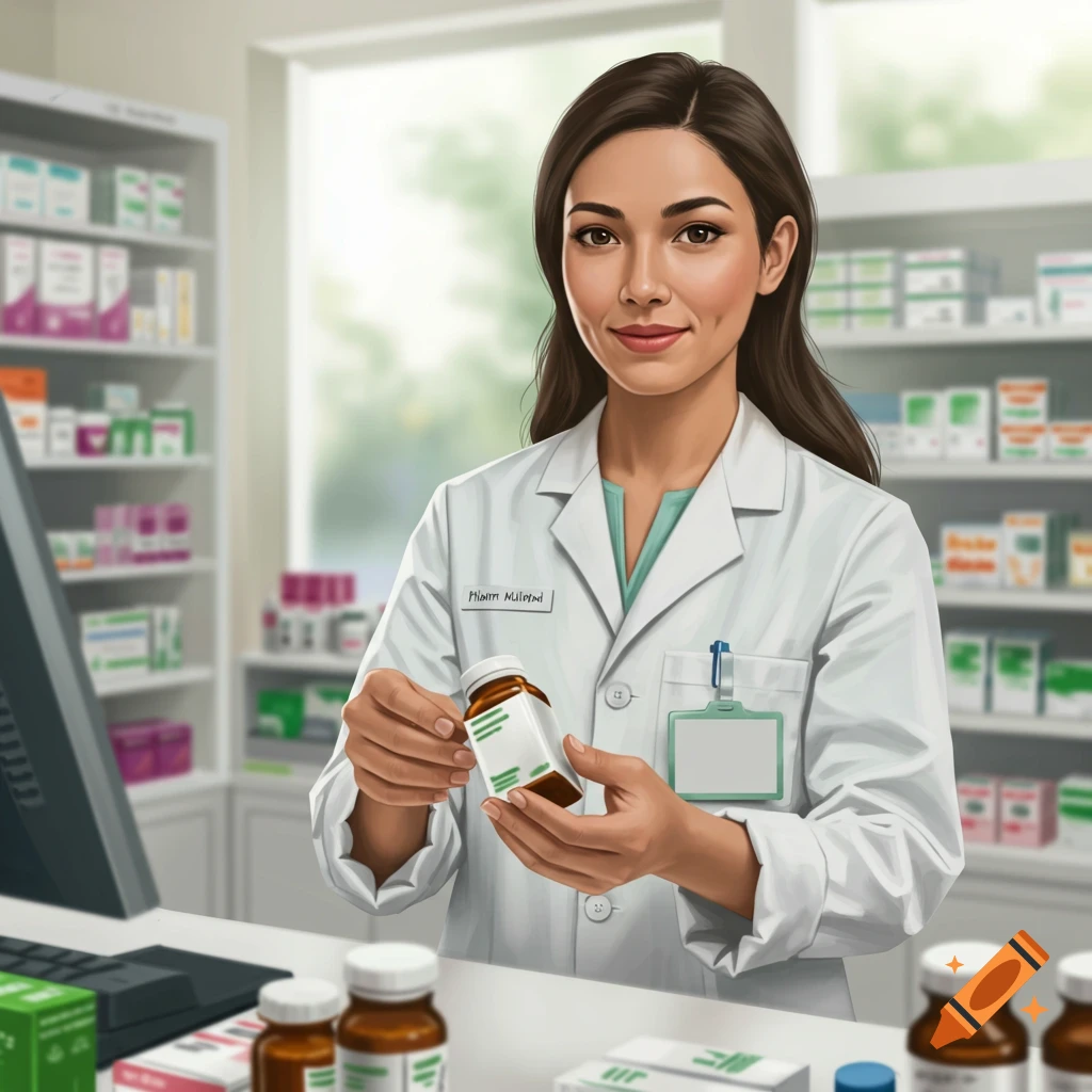 A female pharmacist in a white coat holds up a medication bottle in a brightly lit pharmacy, smiling.