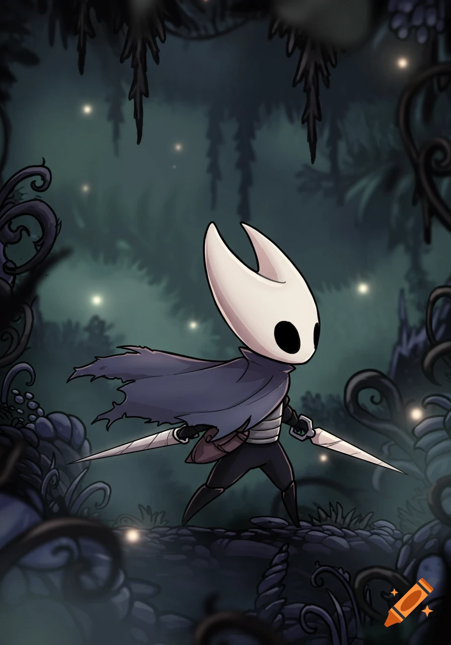 A small, white-masked adventurer with a tattered blue cape and short sword stands in a dark, glowing forest in a 2D game art style.