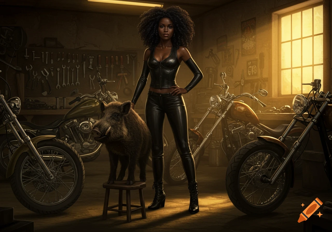 A dark-skinned woman in black leather stands next to a wild boar on a stool in a cinematic motorcycle garage with choppers.