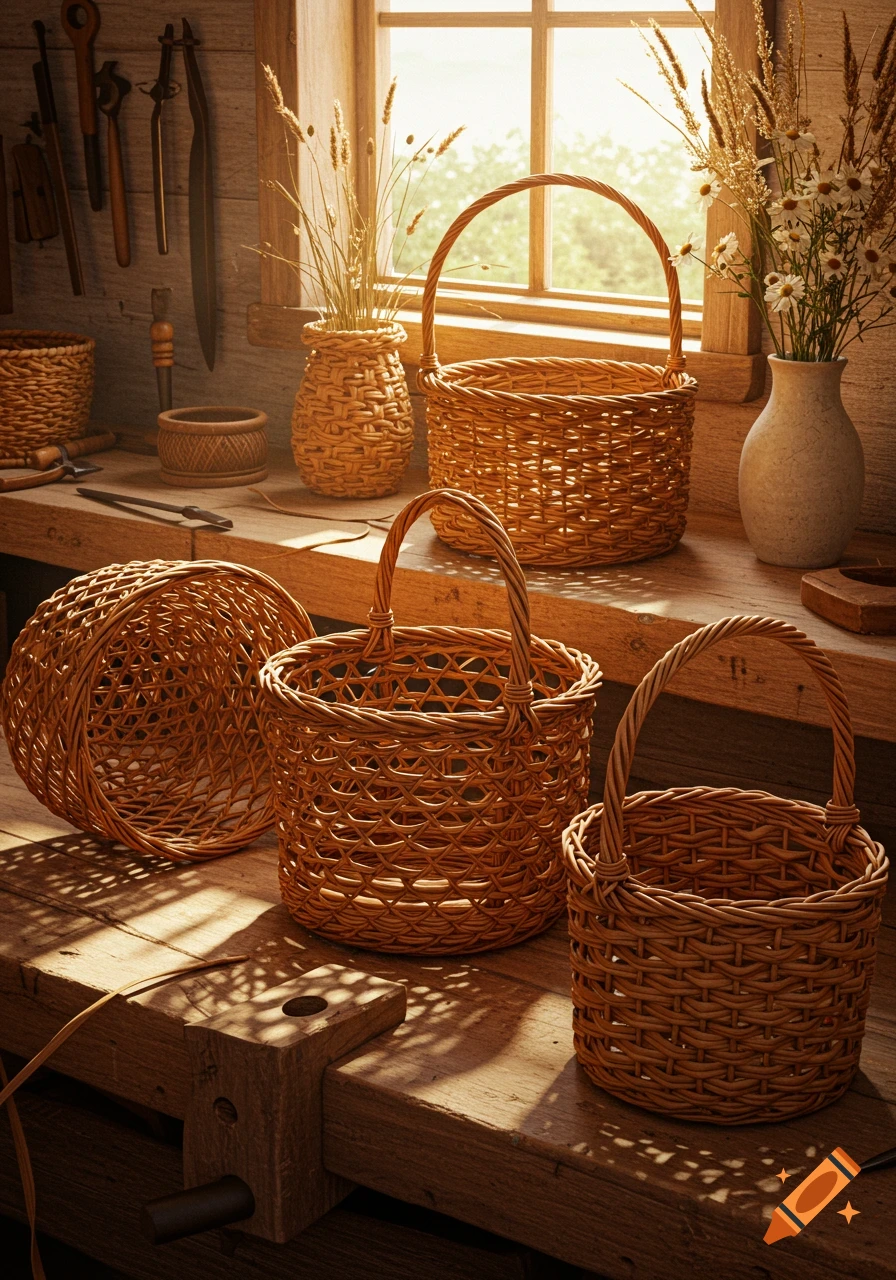 Photorealistic image of multiple wicker baskets on a sunlit wooden workbench, with tools on the wall and plants by a window.