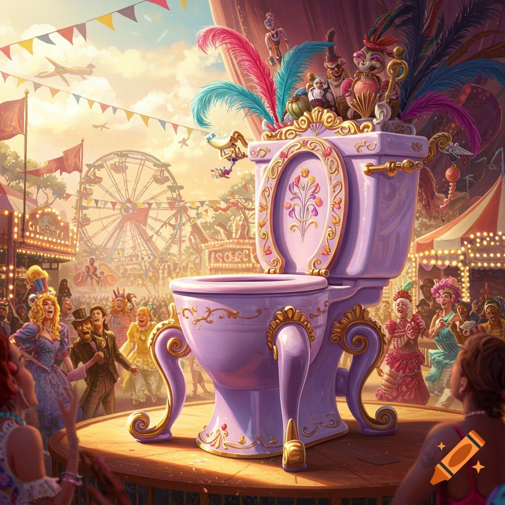 An ornate purple and gold toilet adorned with feathers and small figures on a stage at a vibrant carnival.