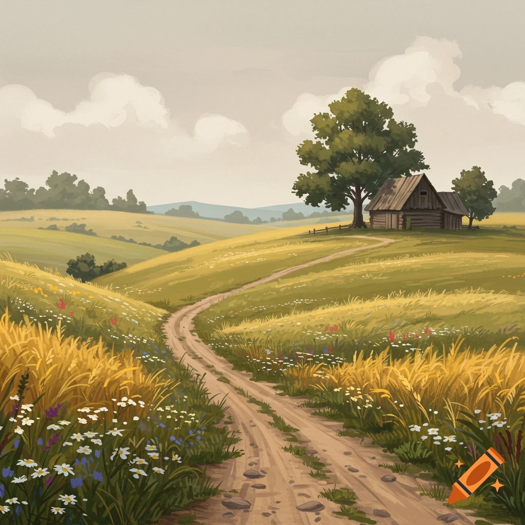A winding dirt path through golden and green rolling hills with wildflowers, leading to a rustic wooden cabin and trees under an overcast sky, in a painterly style.