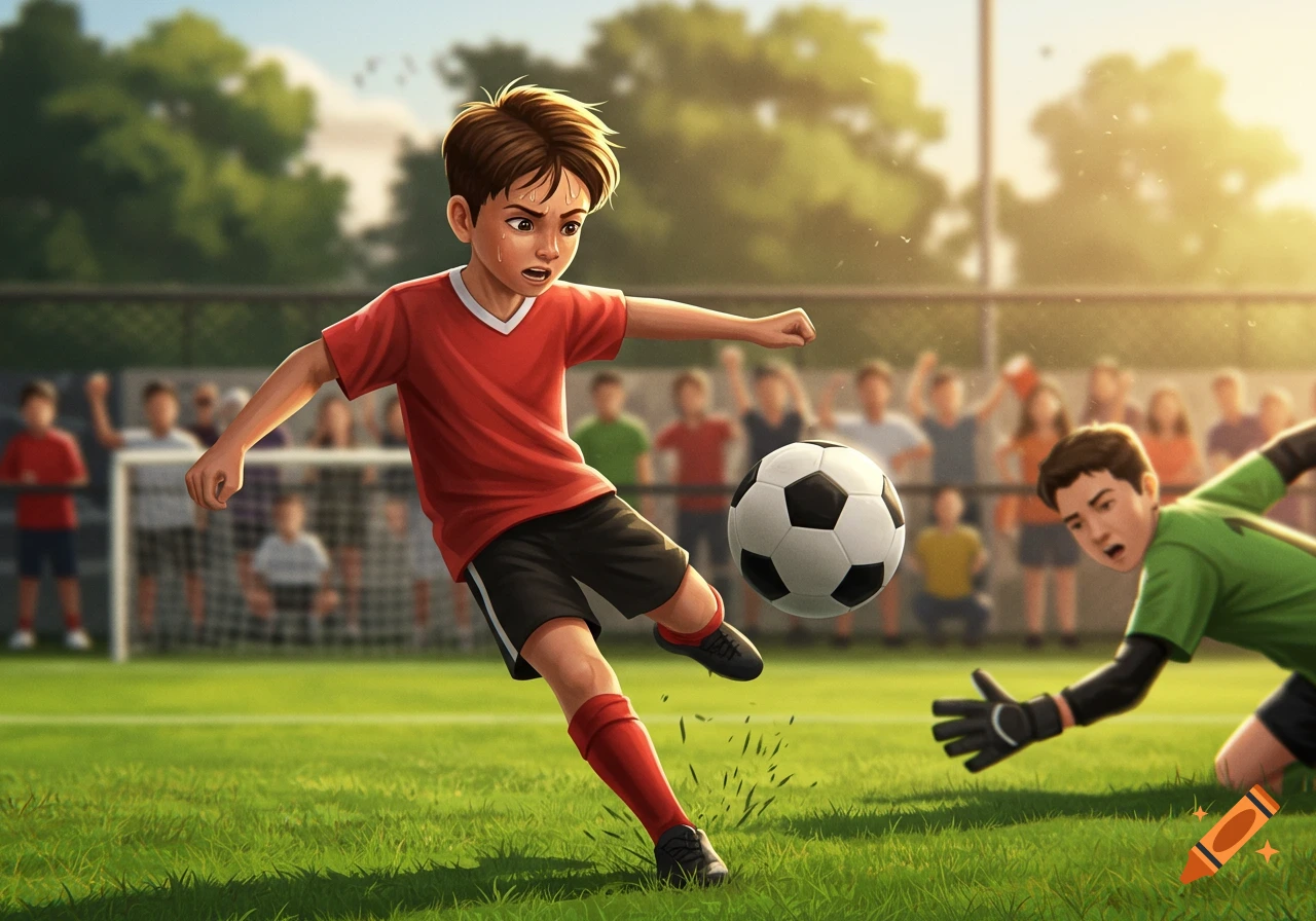 A boy in a red shirt kicks a soccer ball, while a goalie dives and blurred spectators watch, in an animated style.