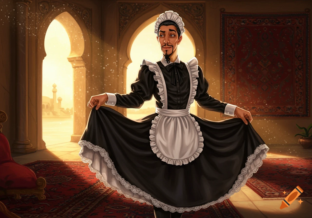 A man resembling Jafar in a black and white maid dress, posing in an ornate Middle Eastern palace. Digital art.