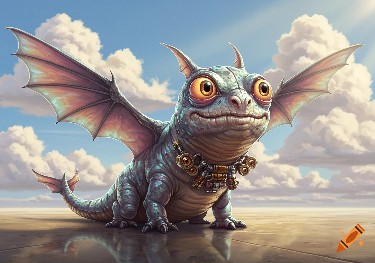 A cute, goofy, green-scaled dragon-like creature with large orange eyes and wings, wearing a steampunk collar, on reflective ground under a cloudy blue sky.