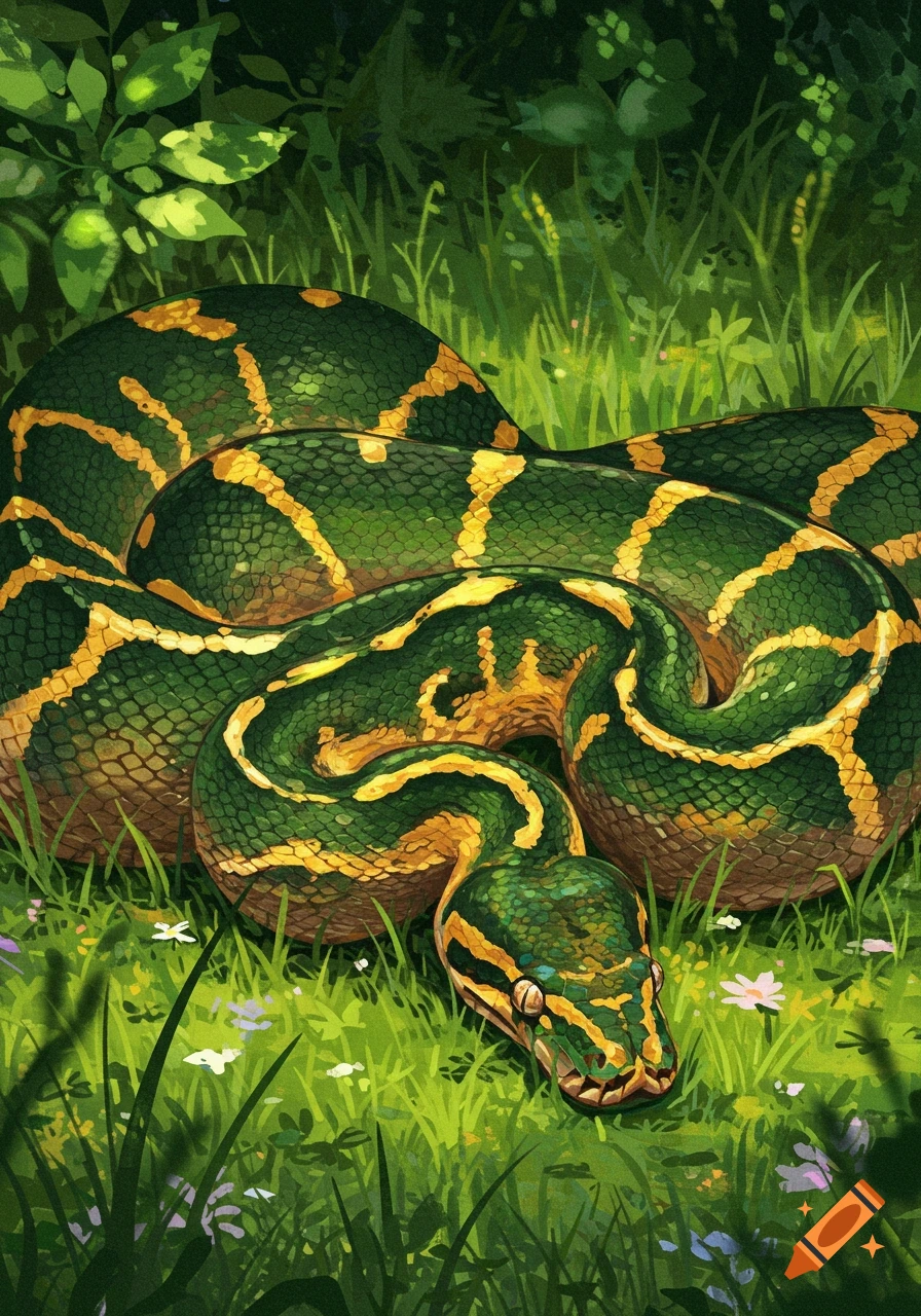 A vibrant green and yellow patterned python coils in lush green grass with dark jungle foliage in the background, in an illustrative style.