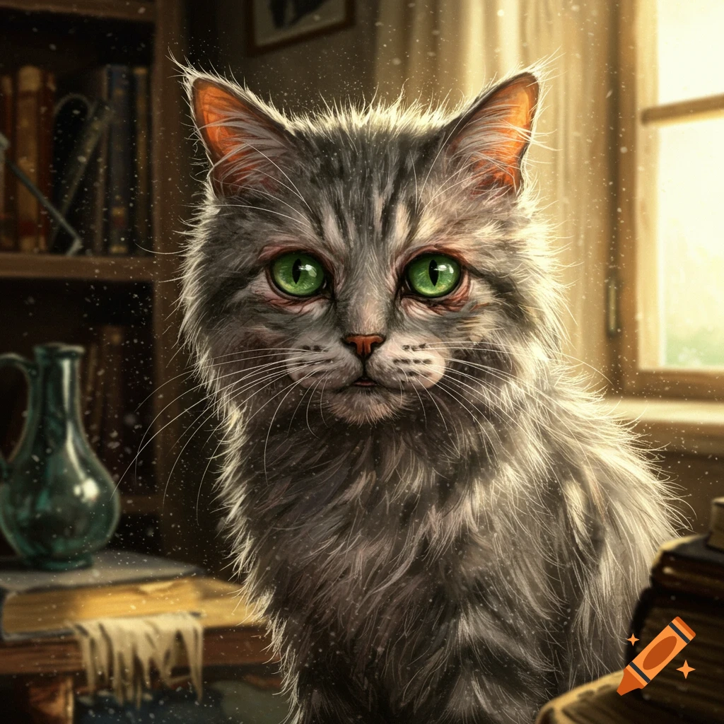A scruffy gray tabby cat with vibrant green eyes gazes forward in a softly lit library setting.