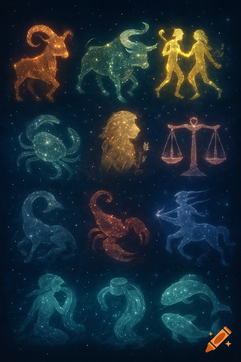 A grid of twelve glowing, colorful zodiac constellations against a dark, starry cosmic background.