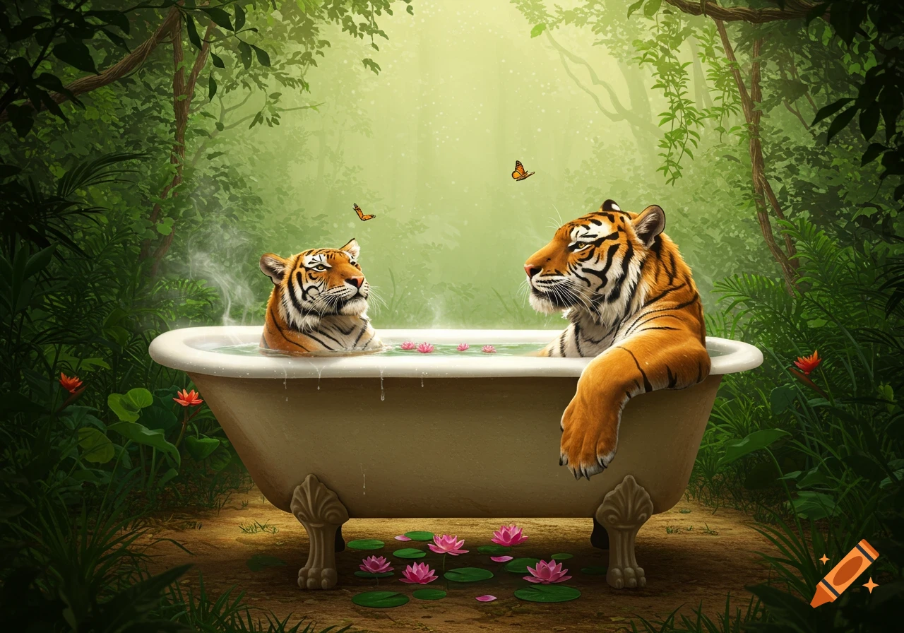 Two tigers relax in a clawfoot bathtub amidst a lush, steamy jungle with butterflies and water lilies, in a whimsical style.