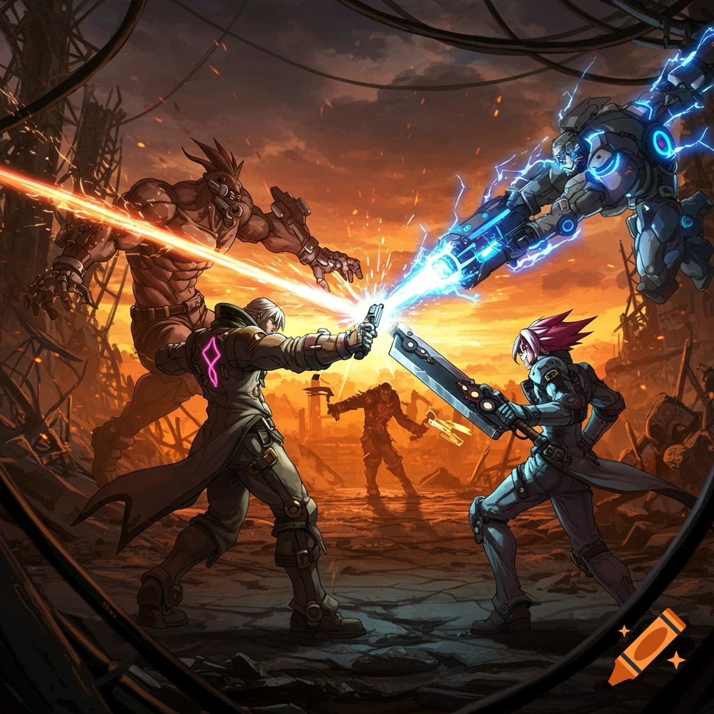 Anime-style fighting game scene with multiple characters battling amidst fiery, destroyed city ruins at sunset.