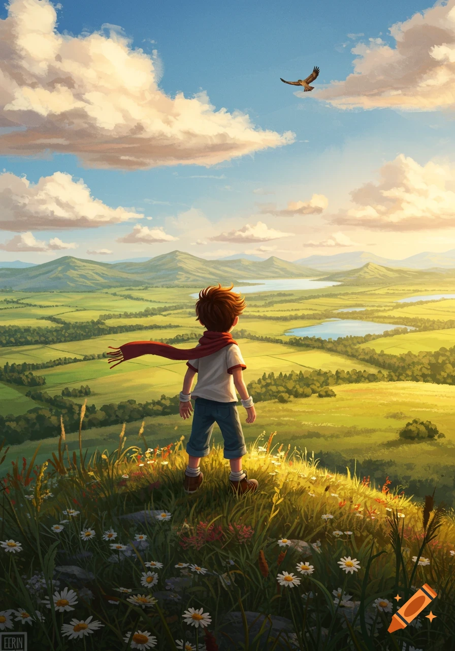 Illustrated boy in a red scarf stands on a hill, gazing at a vast, sunny green landscape with lakes and mountains under a blue sky with clouds and a flying bird.
