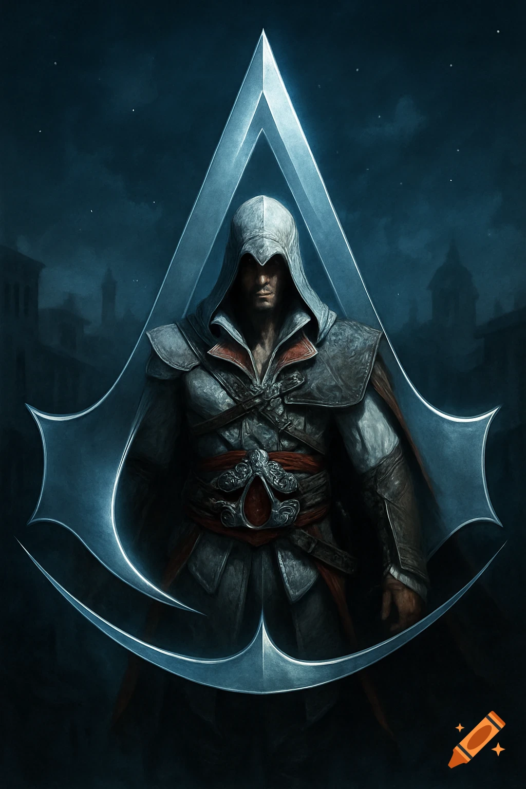 Ezio Auditore from Assassin's Creed in his signature hooded outfit and armor stands against a dark sky, framed by the game's iconic logo.