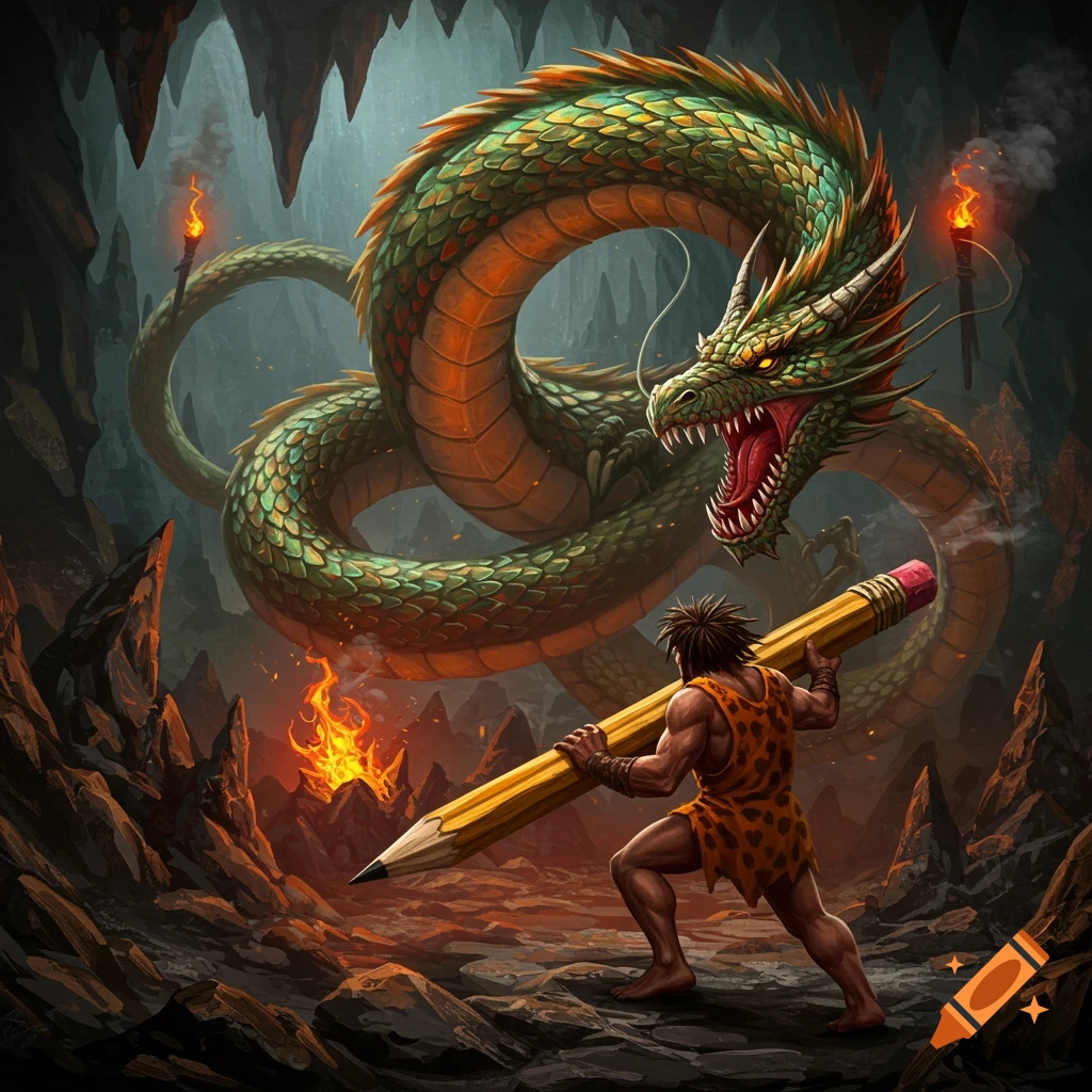 A caveman holds a giant pencil to fight a roaring green dragon in a dark, fiery cave.