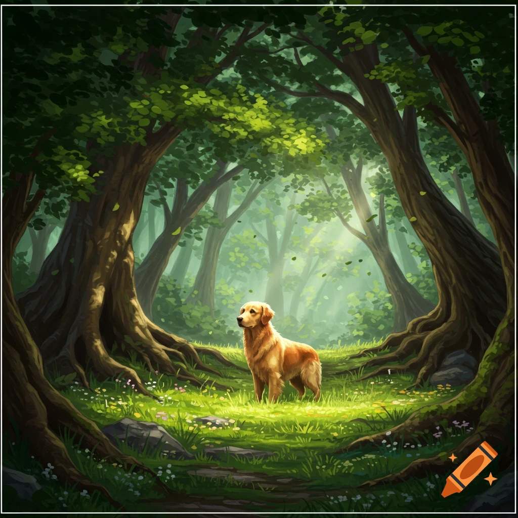 A golden retriever stands in a sunlit clearing within a lush green forest, illustrated in a vibrant style.