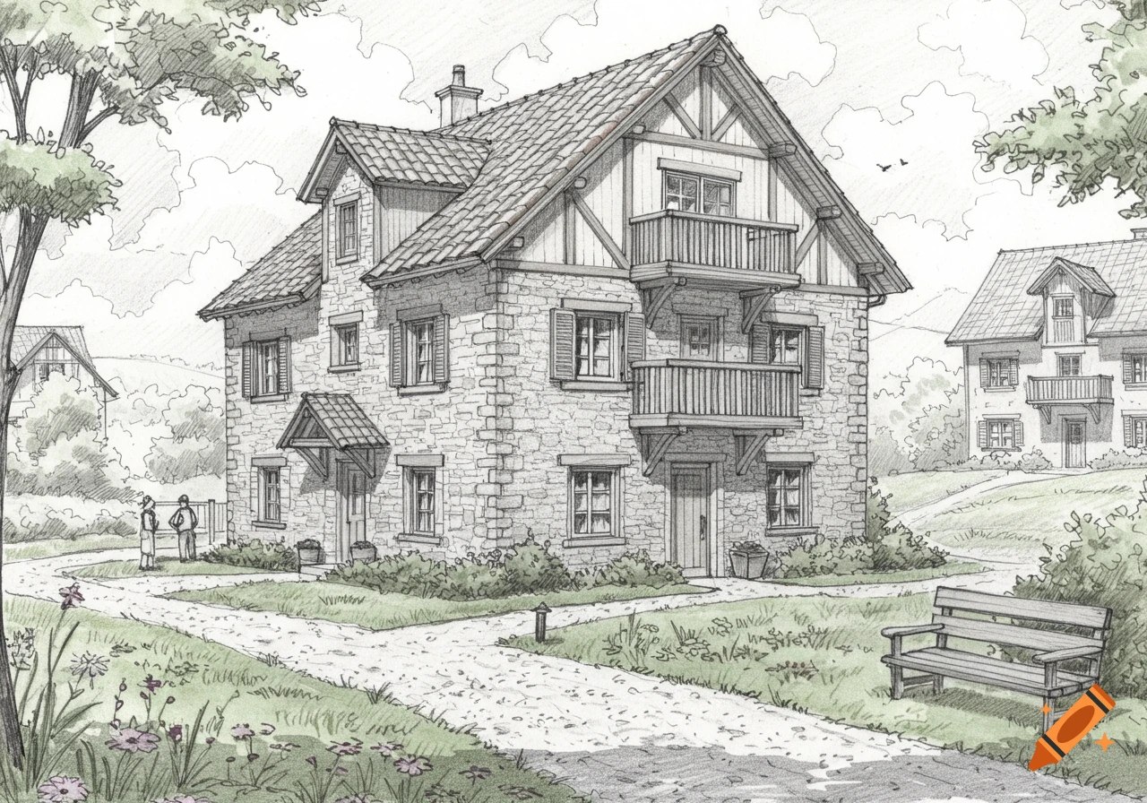 Detailed ink sketch of a rural multi-family house with stone walls, balconies, a path, trees, and distant houses.