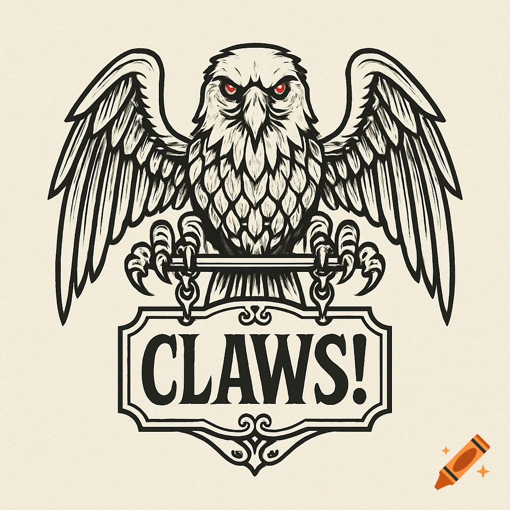 Line art logo of an eagle with red eyes, holding a signboard that reads 'CLAWS!'.