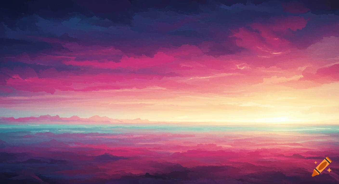 Abstract painting of a vivid sunset sky with clouds in shades of purple, pink, blue, and yellow over a distant horizon.