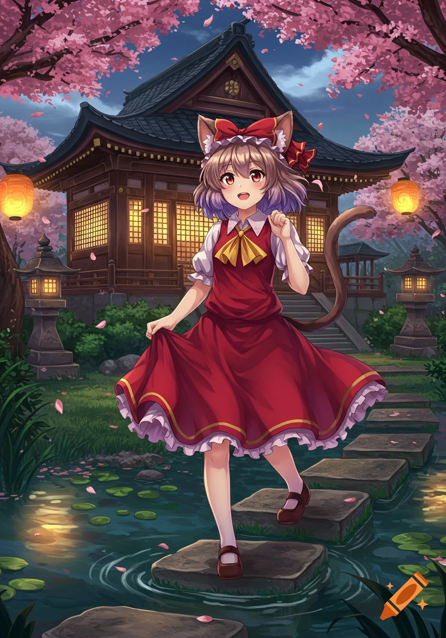 Anime illustration of a cat girl in a red dress walking on stepping stones in a Japanese garden with a temple and cherry blossoms at dusk.