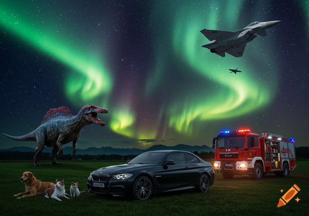 A surreal night scene with a Spinosaurus, black BMW, red fire truck, fighter jets, a dog, and two cats on a grassy field under a green aurora borealis.