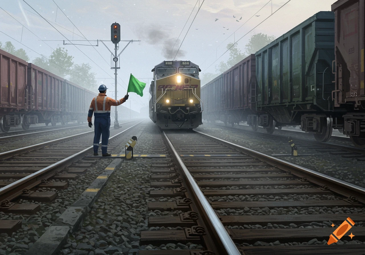 A railway worker in an orange vest waves a green flag as a freight train approaches on multiple tracks in a misty rail yard, photorealistic style.