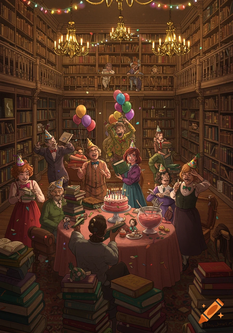 A whimsical illustration of librarians celebrating a birthday party in a grand, multi-level library filled with books.