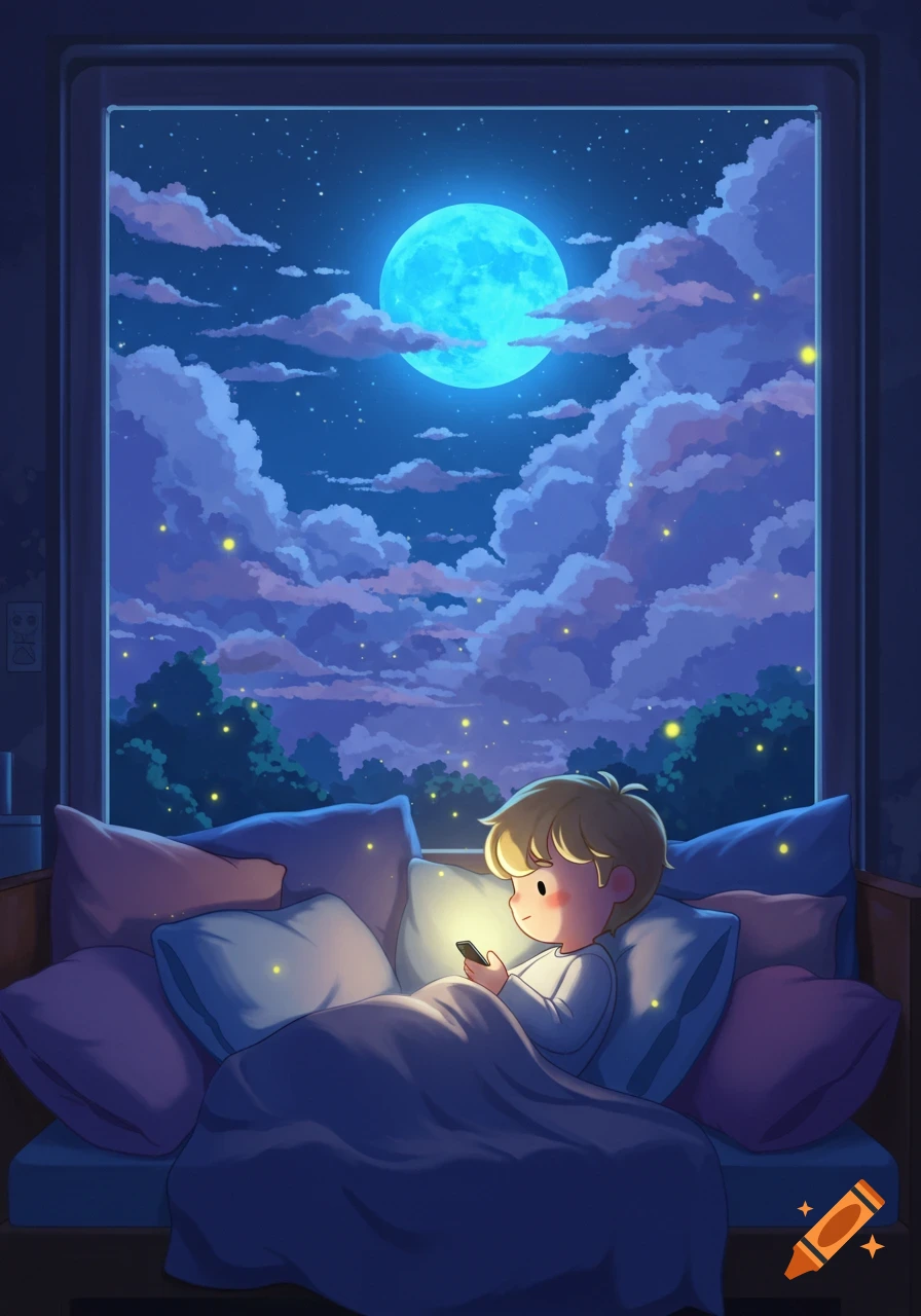 A cute blonde child in bed, lit by a phone, gazes at a large blue moon and fireflies outside a window at night, in a Pixar style.