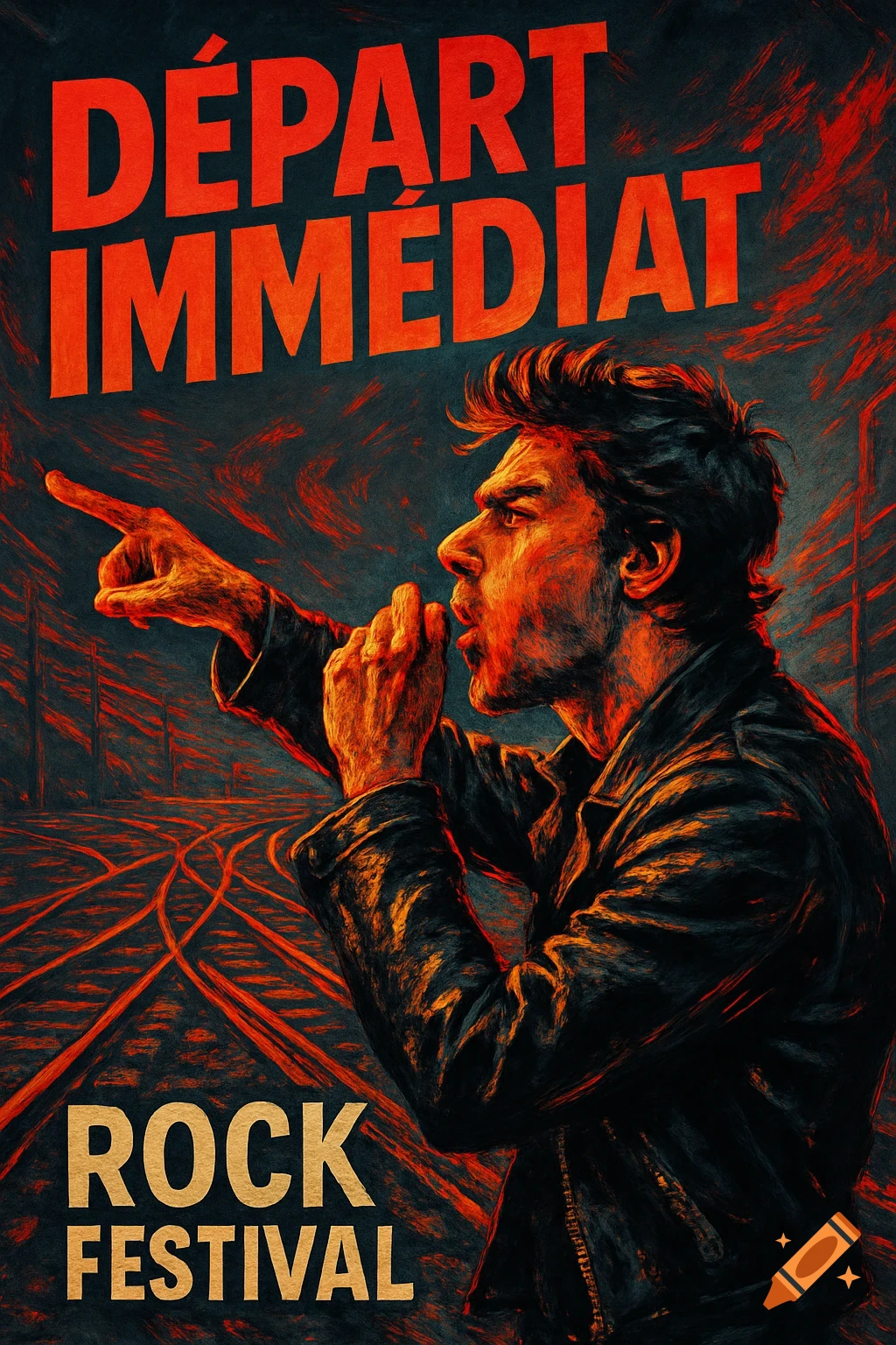 A stylized rock festival poster illustration featuring a man shouting and pointing, with "DÉPART IMMÉDIAT" and "ROCK FESTIVAL" text.