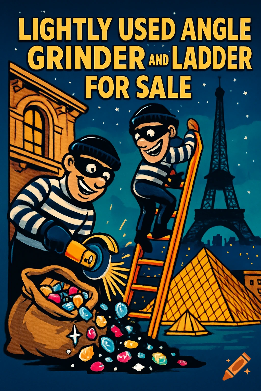 A humorous cartoon of two thieves robbing the Louvre at night, one with an angle grinder, the other on a ladder. Jewels spill from a bag, with the Eiffel Tower in the background. Text reads 'Lightly used angle grinder and ladder for sale'.