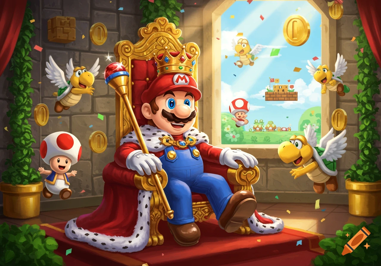 King Mario on a golden throne, holding a scepter, with Toad and winged Koopas, coins, and confetti in a vibrant Super Mario cartoon style.