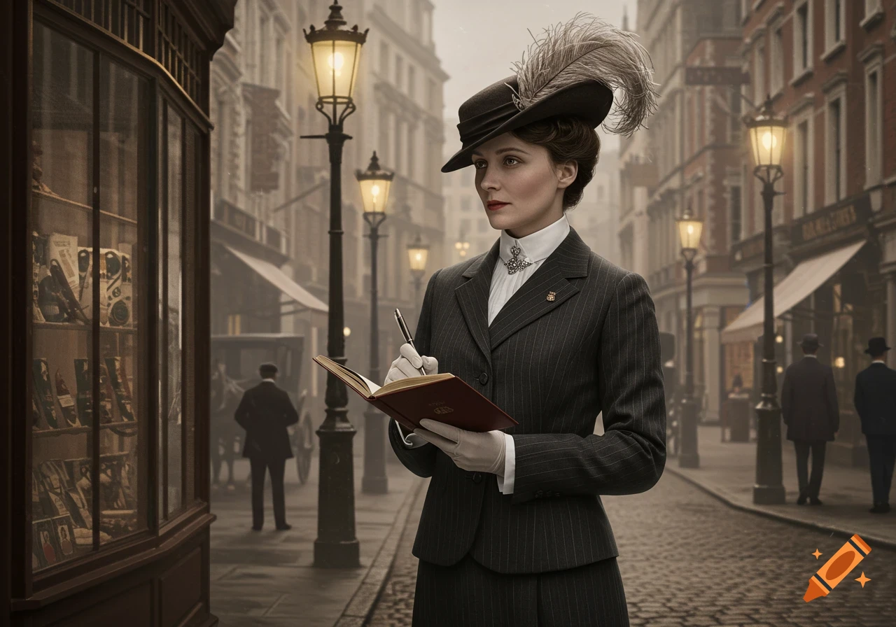 A photorealistic portrait of an Edwardian business woman in a pinstripe suit and feathered hat, writing in a book on a foggy city street.