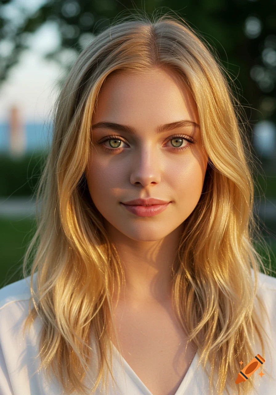 A close-up photorealistic portrait of a young blonde woman with green eyes, looking directly at the viewer with a slight smile.