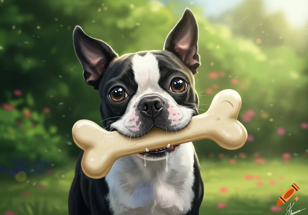A cute Boston Terrier dog holding a bone in its mouth with drool, standing in a sunny green outdoor setting, digital art.