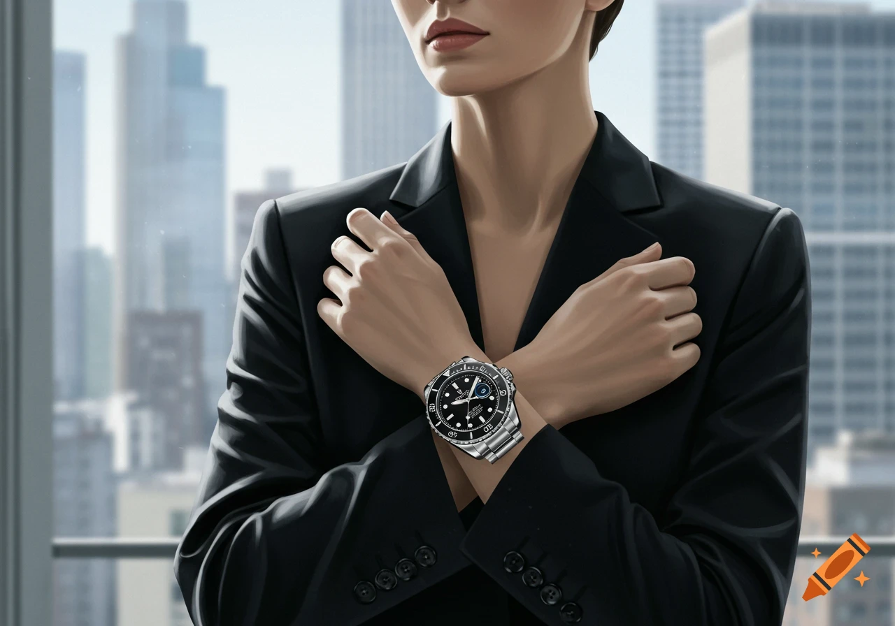 A woman in a black suit wears a silver diver's wristwatch, with a blurred city skyline background, in a detailed style.