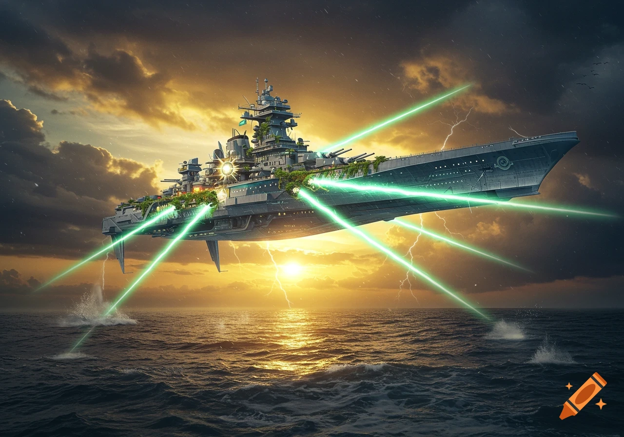 A large solarpunk battleship fires green lasers over a stormy ocean at sunrise with lightning in the sky.