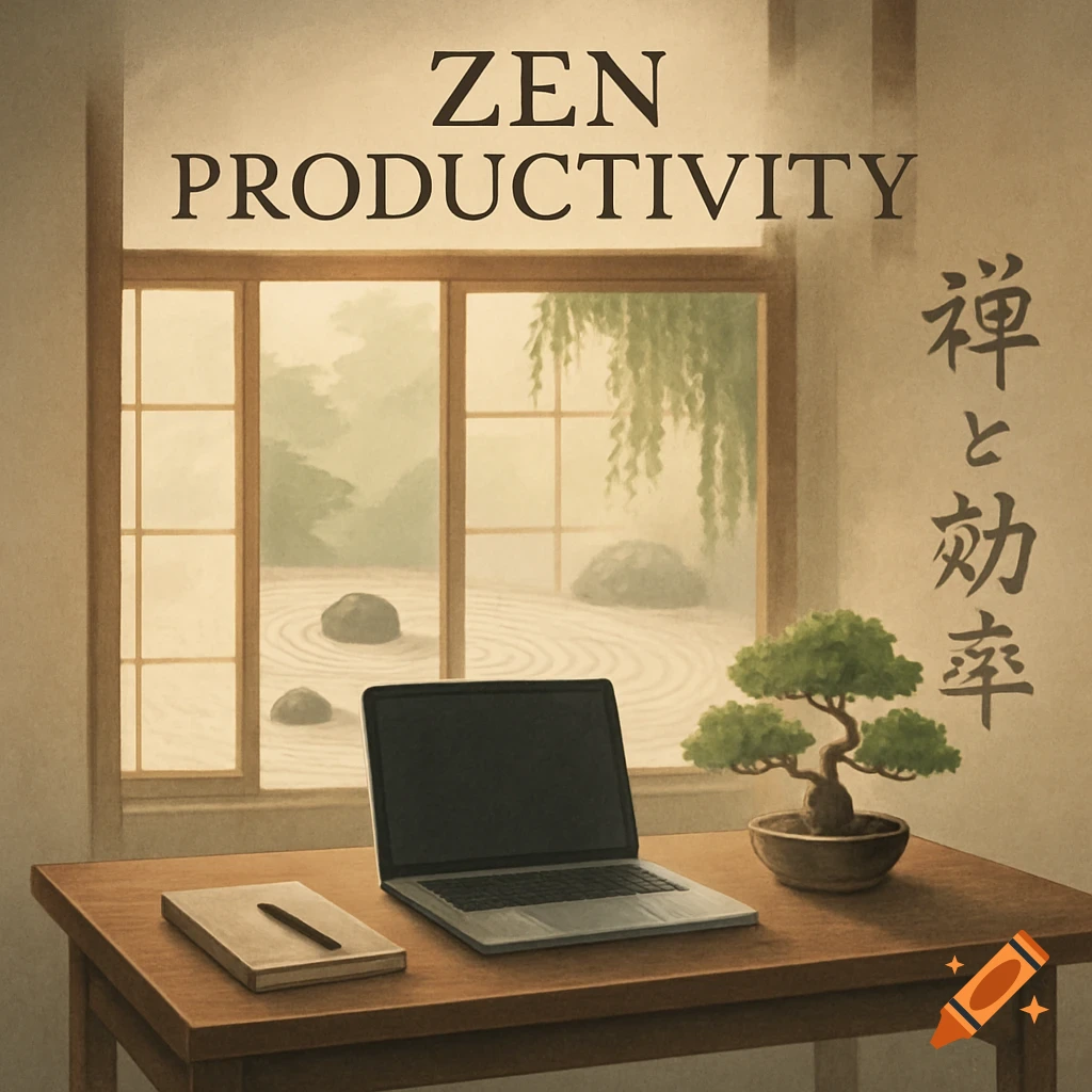 An illustration of a minimalist desk with a laptop, notebook, and bonsai, looking out at a Zen garden. Text reads 'ZEN PRODUCTIVITY' and Japanese characters.