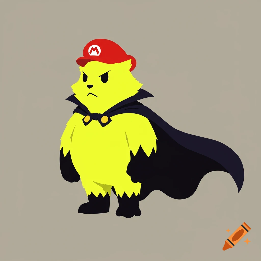 A minimalist cartoon of an angry yellow furry creature wearing a red Mario hat and a dark cape, standing against a gray background.