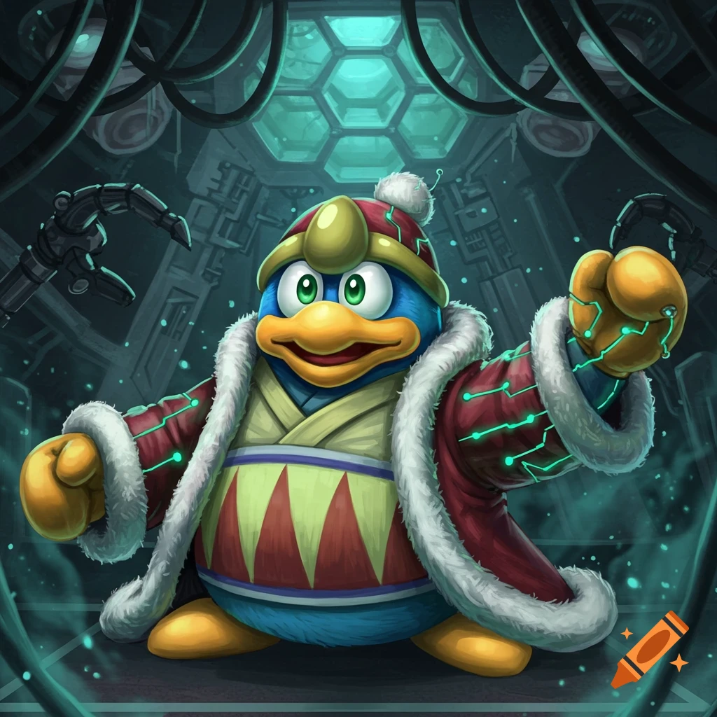 King Dedede assimilated by the Borg, with glowing circuits on his coat and hands, in a dark, tech-filled chamber.