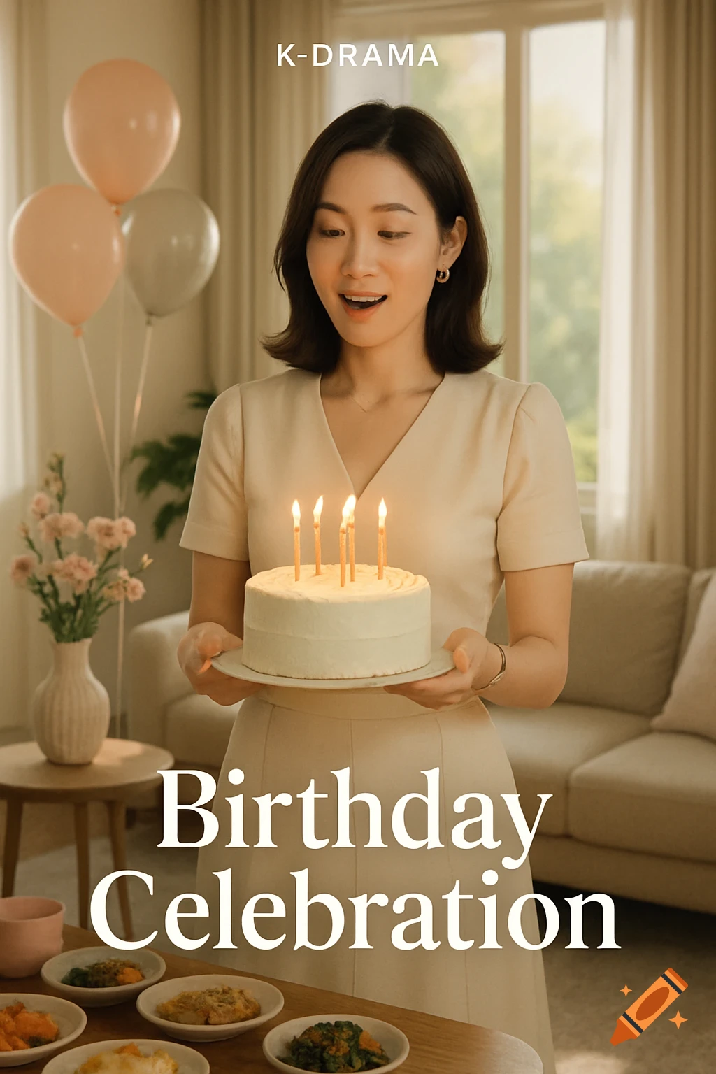 A Korean woman holds a lit birthday cake, smiling in a room decorated with balloons. Text: 'K-DRAMA' and 'Birthday Celebration'.