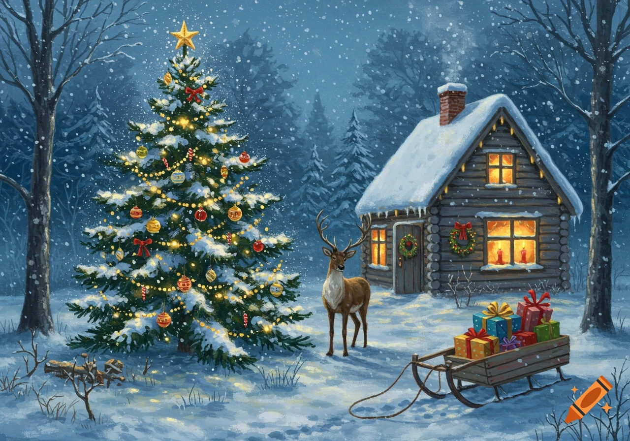 A snowy night scene with a decorated Christmas tree, a deer, a cozy cabin, and a sled of gifts. Painterly style.