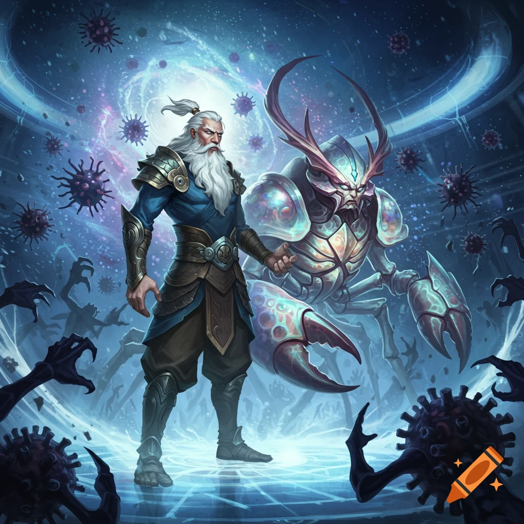 A grey-haired warrior and a crab-like armored creature battle virus-like entities and shadowy hands in a glowing, ethereal space.