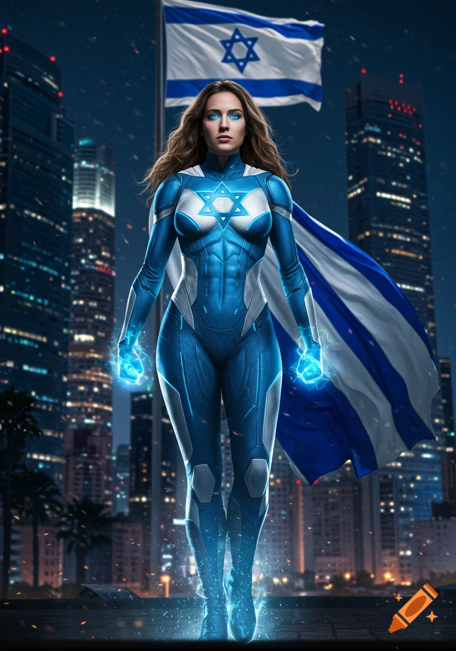 A powerful Israeli female superhero in a blue and white armored suit with a Star of David, glowing energy, stands in a city at night with the Israeli flag.
