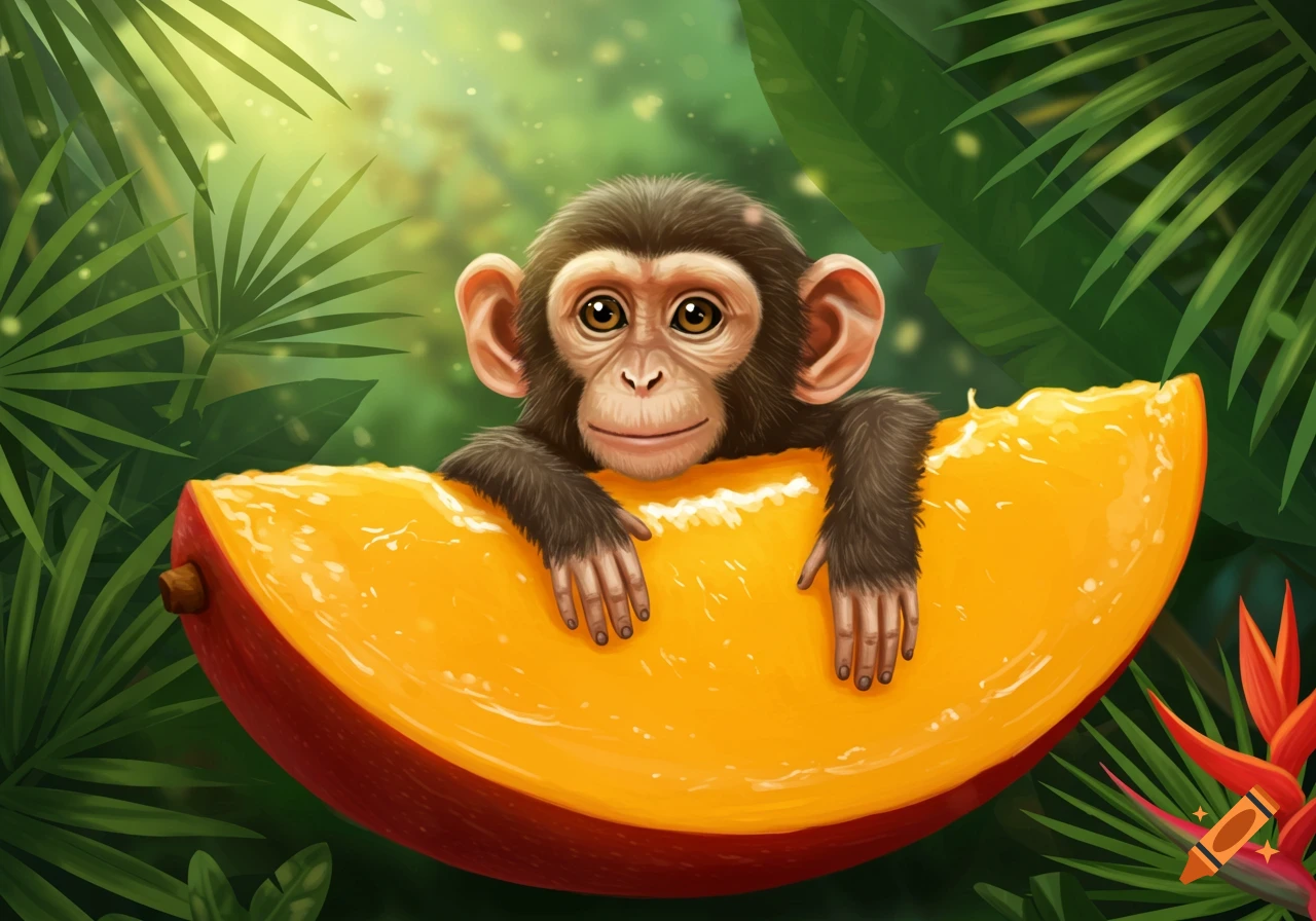A cute, stylized baby monkey sitting on a large slice of mango in a lush jungle setting.